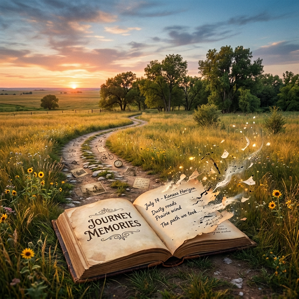 Open book reading “JOURNEY MEMORIES” and “July 14 - Kansas Horizon; Dusty roads; Prairie wind; The path we took...” beside a prairie cabin